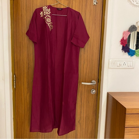 Indya Jackets & Blazers - Indya Wine Embellished Longline Shrug. Size S